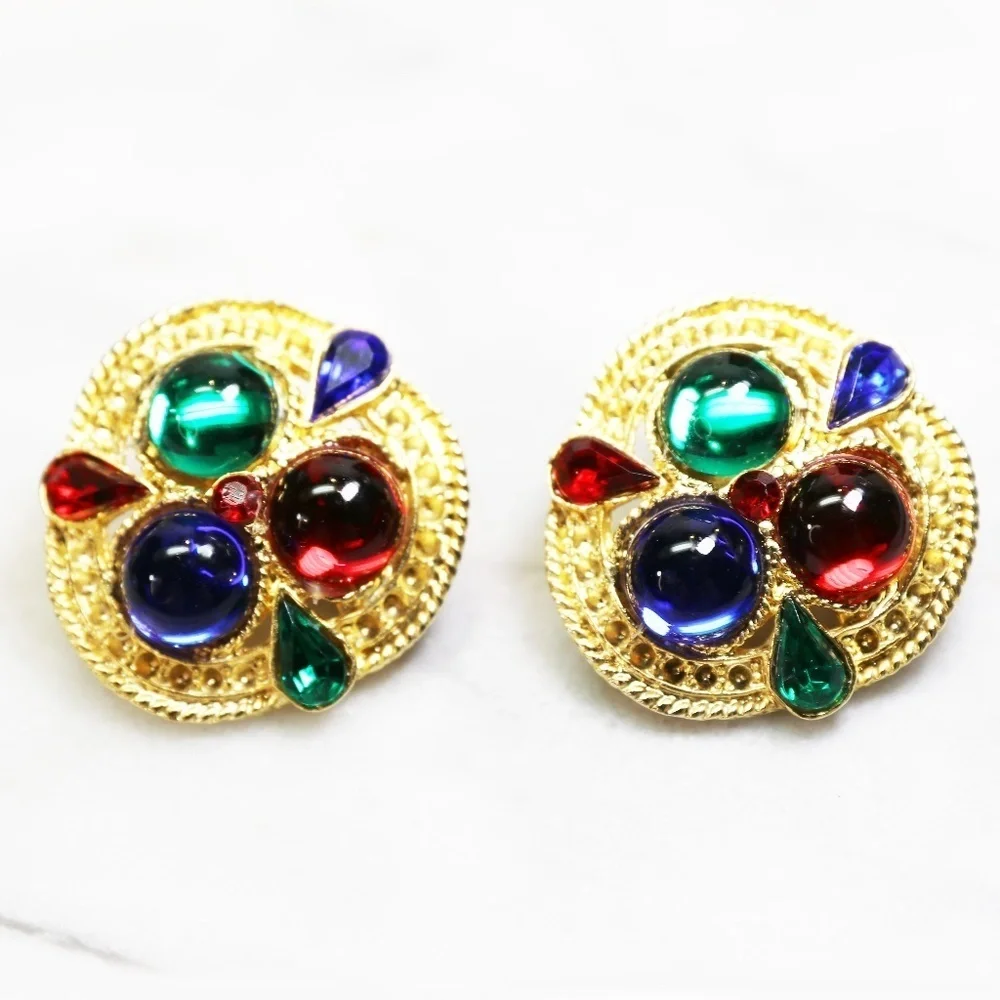 Earrings ~ Gold w/ Colorful Round Cabochons & Teardrop Crystals Clip-on Vintage
